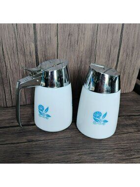 Vintage Dripcut Starline Sugar Syrup Dispenser Set Blue Morning Glory Milk Glass